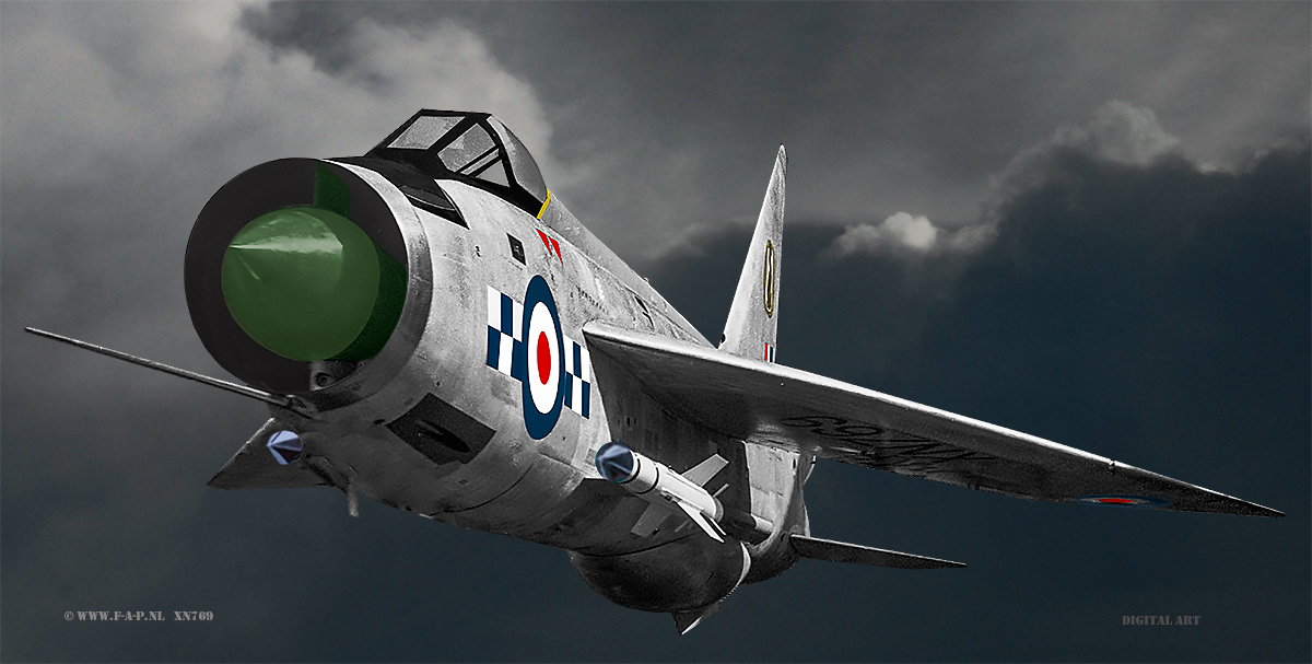 English Electric Lightning F2  XN-769  c/n-95122   RAF West Drayton England,I have edited this black and white photo to color