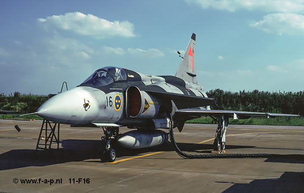 Saab JA-37 Viggen       11    37-411  c/n- 37-411    of-F-16    Seen here  at Leeuwarden  06-07- 2001