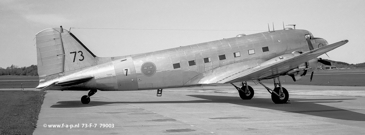 Douglas DC-3 Dakota     73   c/n-79006 (c/n 13883)  of F-7  base at Wing F 7, Stens RSwAF seen here at the  airbase  at   Sve Airport Sweden  14-05-1971  