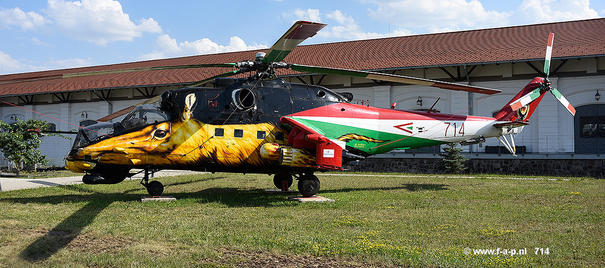 Mil Mi-24V  Hind        714     c/n-K220714   Hungarian "Golden Hind" This Mi-24 based with other helicopters at MH 86. Helicopter Ezred (helicopter wing) at Szolnok AFB and is assigned to 2nd squadron of attack helicopters.now at  RepTr Museum of Szolnok Hungaria   12-07-2024