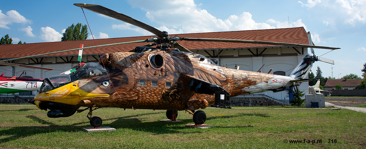 Mil Mi-24V  Hind        716     c/n- K220716   special painted Hind assigned to MH 86. HE (Helikopter Bazis / helicopter AFB) Szolnok / HHZ (Harci Helikopter Zaszloalj / attack helicopter battalion now at  RepTr Museum of Szolnok Hungaria   12-07-2024.