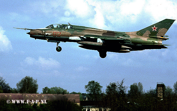Sukhoi Su-17UM3   92    The Fitters of 730 ABIP at Neuruppin were sent back to Russia in May 1991. The runway of this base ended very close to a busy road, Russian soldiers had to stop traffic when aircraft were on finals. This photo was taken when hiding behind some bushes to stay out of sight of the soldiers. 