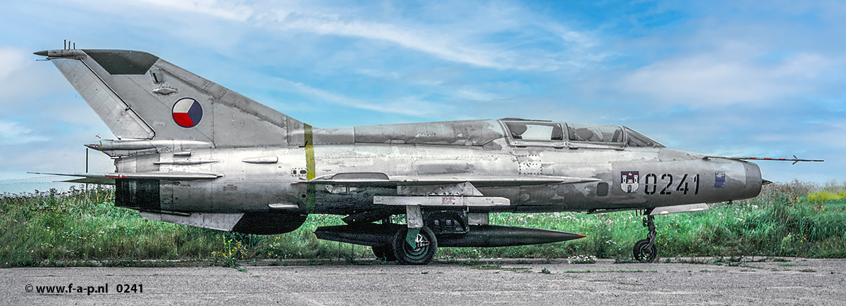 Mikoyan Gurevich MiG-21 US        0241     c/n-02685141    11th Fighter Air Regiment atec. In 1993-1997 it was used for tests in VZLU with civil matriculation OK-004. After that it was stored in the Aviation Museum Kbely. In June 2001 it was sold to France, where it flies (or flew) with the mark F-ZAGR in CEV