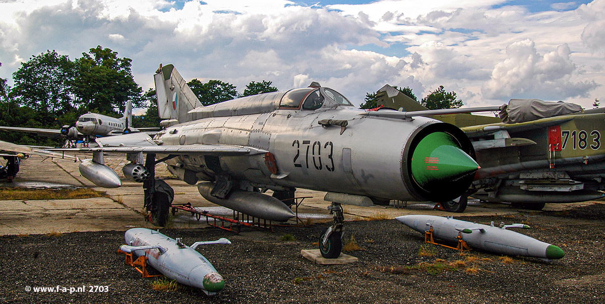 Mikoyan-Gurevich MiG-21MA   2703   c/n 962703            5. Slp -Pilsen Czechoslovakia - Air Force  Vyskov (LKVY), 11-06-2004  Czech Republic  on the ground 2 SPS-141 ECM pods, for jamming surface to air missiles.