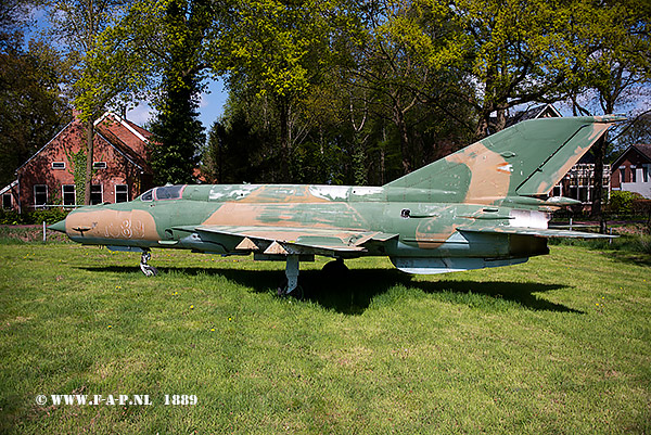 Mikoyan-Gurevich MiG-21-Bis-SAU  (Fishbed)  1889 c/n 75061889 Ex Hungarian plane.Bellingwolde 02-05-2022 The Netherlands It was manufactured on 20 May, 1978. Overhauled at Pestvidki Gpgyr (Hungary), in 1988 after 850 flight hours. Served at Ppa airfield. Full flight time: 1658 hours 32 min with 2746 take offs. Last flight: 7 May, 1999.