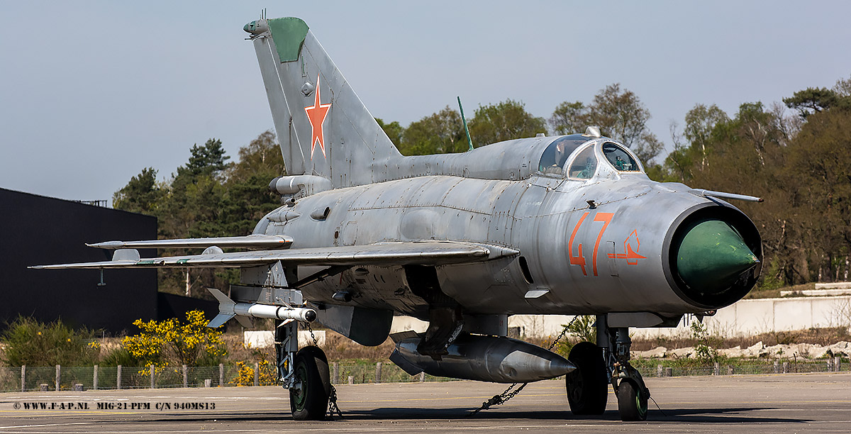 This MiG-21PFM was built as c/n 940MS13. The former Soviet Air Force aircraft became the gate guard at Kluczewo AB, a former Soviet airbase located in Kluczewo, Poland. The last unit stationed was the 159th 'Novorossiysk' Guards Fighter Aviation Regiment flying Su-27 Flankers. After this Air Base was closed in 1992, the MiG was transported to the Netherlands and added to the collection of the MLM 18-07-2014