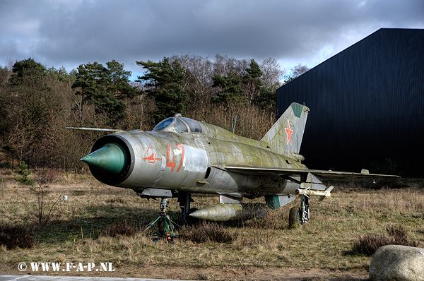 Mikoyan - Gurevich Mig - 21 PFM Fishbed   47  C/N   940MS13  Ex Russian AF. This MiG-21PFM was built as c/n 940MS13. The former Soviet Air Force aircraft became the gate guard at Kluczewo AB, a former Soviet airbase located in Kluczewo, Poland. The last unit stationed was the 159th 'Novorossiysk' Guards 