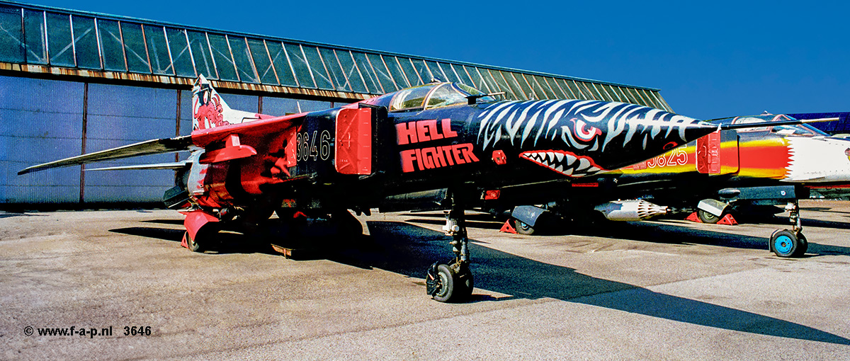 Mikoyan-Gurevich MiG-23MF      3646   c/n-0390213646/11412  'Hell Fighter' scheme to mark the 50th anniversary of the 1st Fighter Air Regiment in 1994. Czechia - Air Force   Prague - Kbely