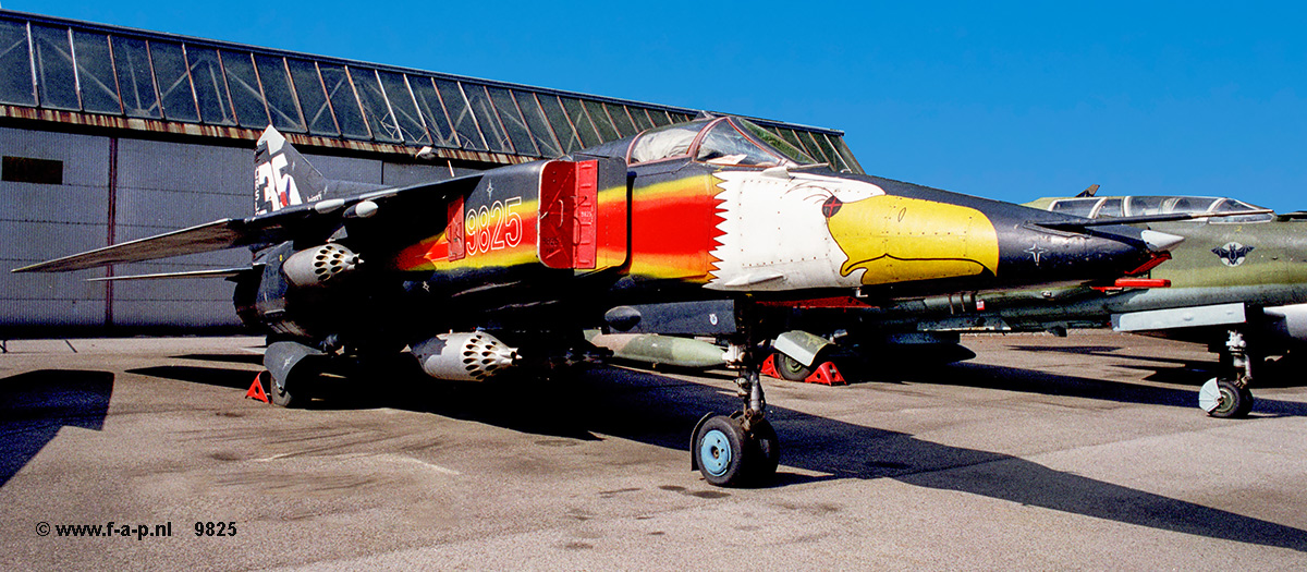 Mikoyan-Gurevich MiG-23BN      9825    c/n-0393219825  28. sbolp (fighter-bomber air regiment)  in June 1993 was on the occassion of 35 years since foundation this unit marked in very atractive black eagle full-paint   Prague - Kbely