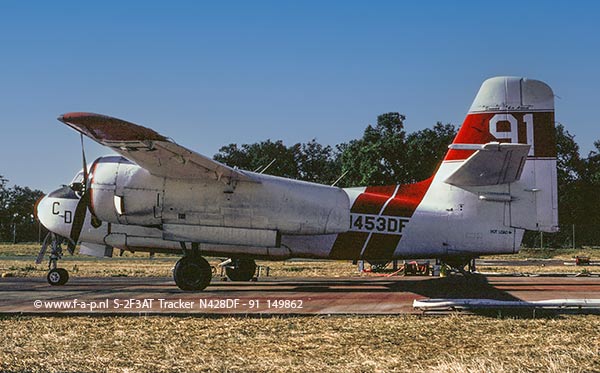 Grumman S-2F3AT Tracker  N428DF - 91   No-149862 c/n-137C  Converted to a Turbo Tracker by Marsh Aviation at Mesa, AZ and now operated by the California Department of Forestry and Fire Protection (CDF). Sacramento McClellan Airport, CA. Pacific Coast Air Museum Santa Rosa California, United States 08-1998