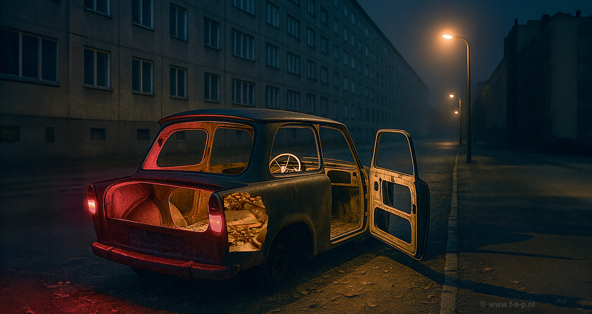 Trabi 601 in de achtergrond  'Plattenbauten': grauwe flats aan de Alte Hellersdorfer Strae in Berlijn