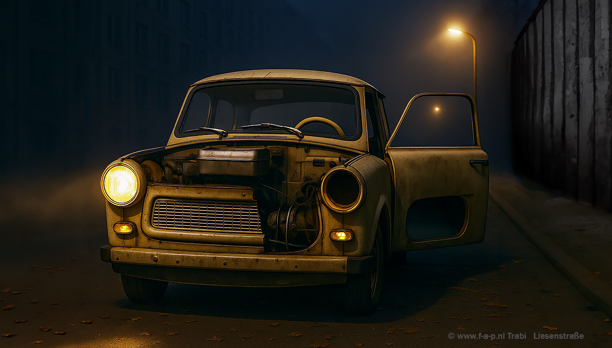 Trabi 601 in de achtergrond  'Plattenbauten': grauwe flats aan de Liesenstrae Berlin 30-09-1973