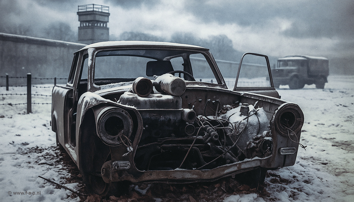 Trabi Wrack in de "Todesstreifen" ter hoogte van Liesenstrae  direct langs de Muur