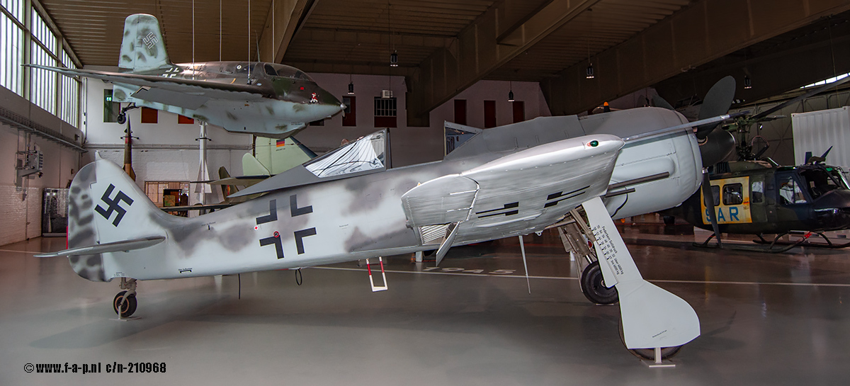 Focke-Wulf Fw-190D-9   c/n-210968- Built by Focke-Wulf in Bremen in 1944, this aircraft no 682068 , belonging to 16./JG 3 at Gtersloh, was shot down by P-47s at Pulheim near Cologne on 17 December 1944. The pilot, Lt Rolf Lahne, was probably killed but no human remains were found when the wreck of his Fw 190A-8/R2 was unearthed. It has been restored using original and new Flugwerk parts, including a BMW 801S-1 engine belonging to a Fw 190A-9, and is now on display at the Luftwaffenmuseum Gatow 22-12-2019