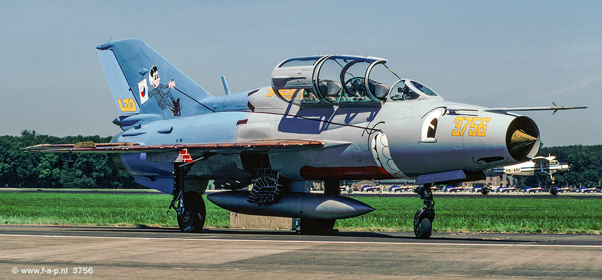 Mikoyan-Gurevich MiG-21UM      3756         c/n-516937056     Czech Air Force 'Stress Team' Volkel. Crashed in a mid-air collision with fellow 'Stress Team' MiG-21 MF 7711 on the 8th June 1998 near Ceske Budejovice, Czech Republic.